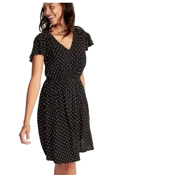 Old Navy Dress Plus 2X Black White Polka Dot Waist Defined V Neck Flutter Sleeve - Picture 1 of 8